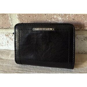 Fossil Black Genuine Leather Zip Wallet With Clear ID Window  Multiple Card Slot